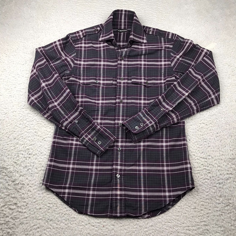 Tom Ford Mickey Western Plaid Shirt Mens 38/15 Black/Purple Cotton Button Up LS